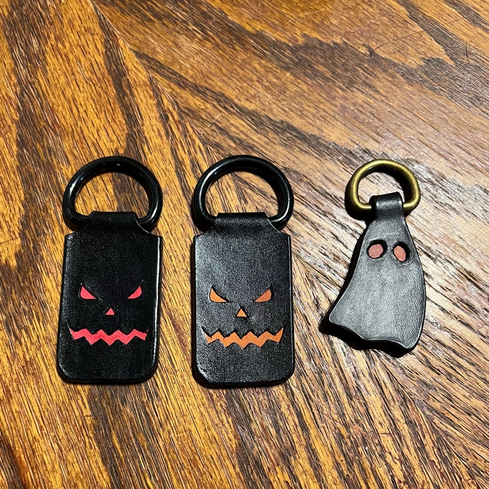 $25 for all 3 Halloween Leather pumpkin and ghost keychains Handmade by Schu
